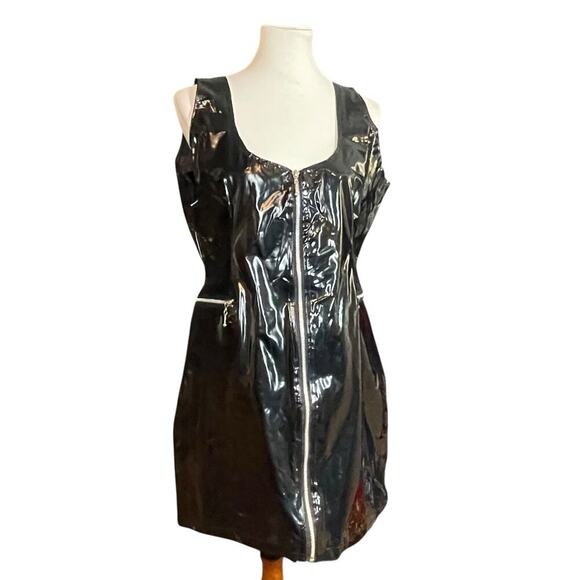 Vintage 90s Vinyl PVC Wet Look Goth Zip Front Black Mini Dress Size 16 NWT - Picture 7 of 15